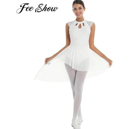 Women Elegant Ballet Figure Skating Dance Dress Hollow Out Lace Sleeve Mesh Skirted Latin Leotard Dresses Performance Costumes