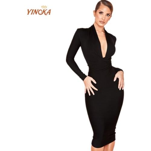 Yinoka long sleeve black bodycon bandage dress v neck sexy women knee length lady elegant dinner cocktail evening celebrity wear