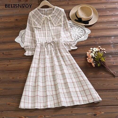 Japanese Preppy Style Women Spring Dress Lace Peter Pan Collar Plaid Femininos Vestidos Mori Girl Cute Kawaii Sweet Dress