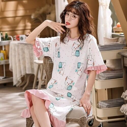 2020 Cute Cartoon Nightwear Women Cotton Sweet Princess Sleepwear Lapel Nightdress Loose Soft Nightgowns Summer Female Homewear