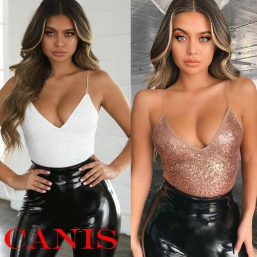 2020 Women Lady Sleeveless Short Romper Jumpsuit Bodysuit Stretch Sequin Top Blouse