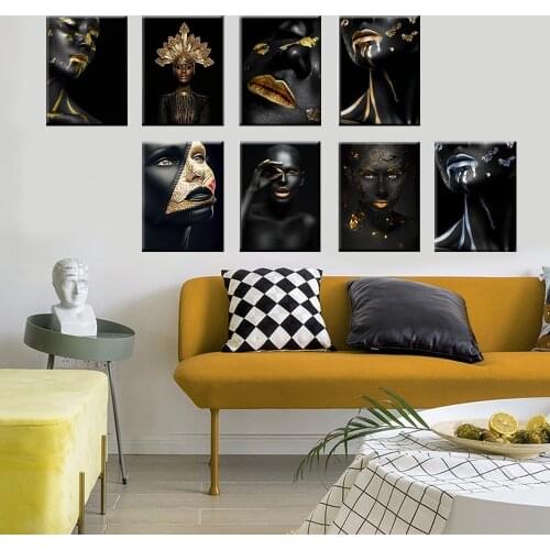 African Woman With A Gold Headscarf Wall Art Canvas Paintings Modern Black Girl Art Poster Decor Canvas Prints For Living Room
