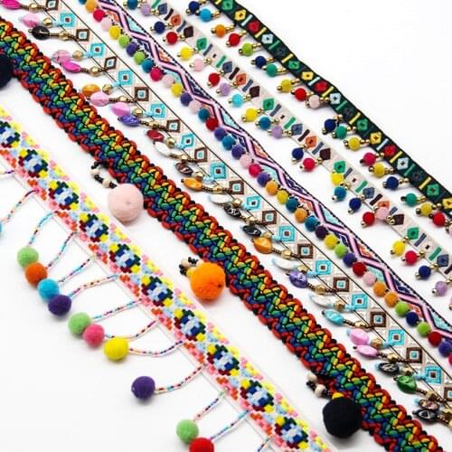 Beade Tassel Lace Ribbon Pompom Trim Fabric DIY Sewing Garment Clothing Bags Shoes Bag Gift Crafts Materials Accessory 1y/lot