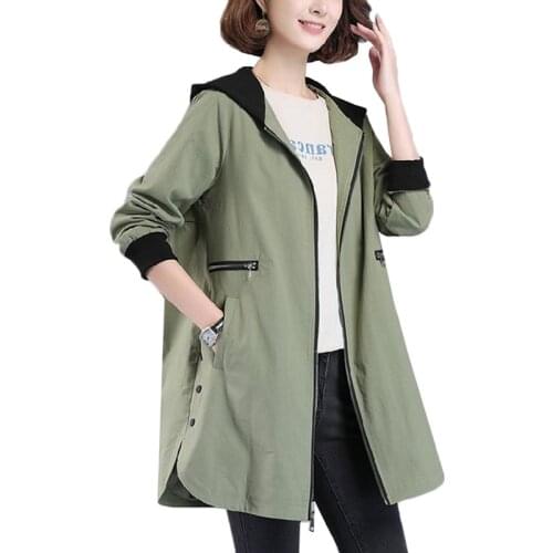 Spring Autumn Jacket Coat Women New Hooded Mid Long Outerwear Loose Plus Size Female Windbreaker