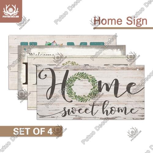 Putuo Decor 4PC Home Signs Wooden Hanging Signs Family Wooden Sign Plaque Wood for Home Decor Gifts Living Room Door Decoration