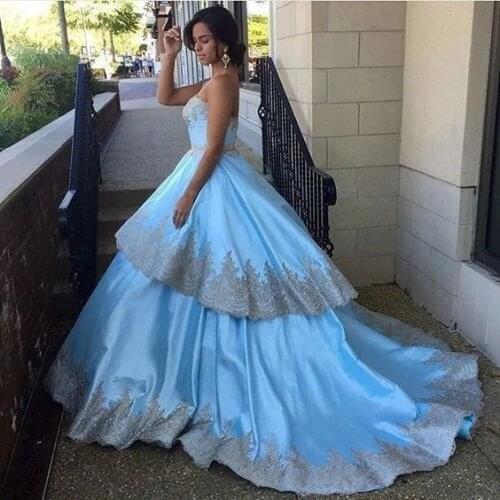 Hot New Style Puffy Satin Gold Lace Ice Blue Ball Gown Wedding Dresses Long Train Sexy Gold Lace Bridal Gown Bridal Dresses
