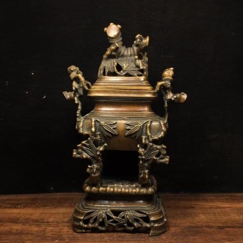 10"Tibet Temple Collection Old Bronze bamboo Melon Bamboo joint Binaural incense burner Town House Exorcism