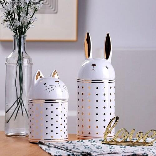 Outline In Gold Ceramics Storage Tank Cat/rabbit Animal Cover Candy Jar Home Decorations Cylindrical Food Container Tea Tank