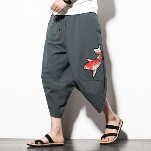 Chinese Style Summer Streetwear Mens Wide-leg Beach Pants Japanese Loose Large Size Cropped Pants Thai Mens Bloomers Trousers