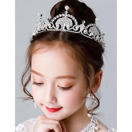 Fashion Silver Color Kids Crowns With Necklace Earrings Simulated Pearl Rhinestone Princess Accessories Women Jewelry Wedding