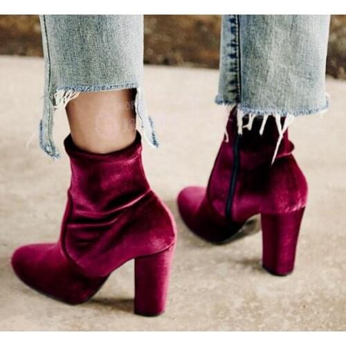 Spring newest round toe thick heels woman boots wine red velvet high heel boots sexy runway ankle boots free ship