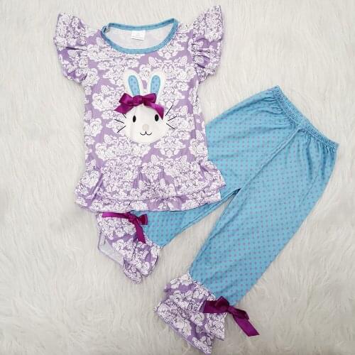 New style Easter Day rabbit short sleeve girl outfit kids boutique clothing set with bow
