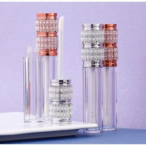 Top Quality Crystal Pearl Diamond Lip Gloss Oil Rhinestone Red Batom Lip Plumper Balm Bottles with Rubber 20pcs