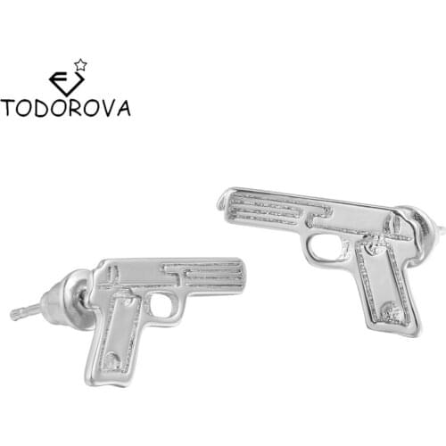 Todorova Original Metal Punk Vintage Accessories Unique Gun Pistol Shape Stud Earrings for Women Men Hip Hop Jewelry