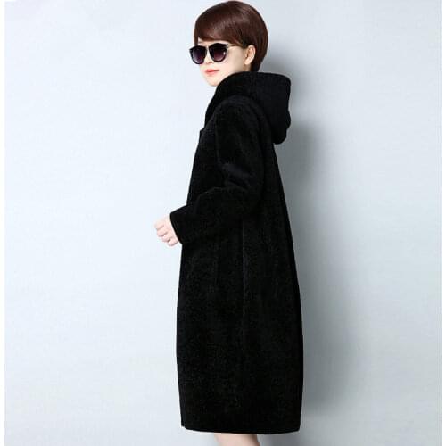 Genuine Coat Women Autumn Winter Warm Thick Sheep Shearing Fur Jacket Top Quality Plus Size 4XL Hooded ParkaMF524