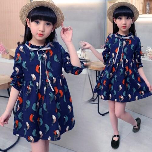 4-14 Years Kids Clothes for Girls long sleeve shirt dress cute Bird graffiti navy blue princess party dresses