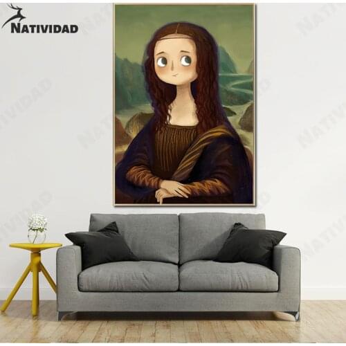 Cartoon Cute Mona Lisa Painting Canvas Decoration Retro Famous Painting Poster Modern Minimalism Bedroom Living Room Decoration