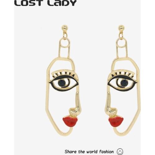 Lost Lady Fashion Abstract Hollow Out Dangle Earrings Metal Alloy Face Earring for Women Vintage Unusual Earrings Party Jewelry