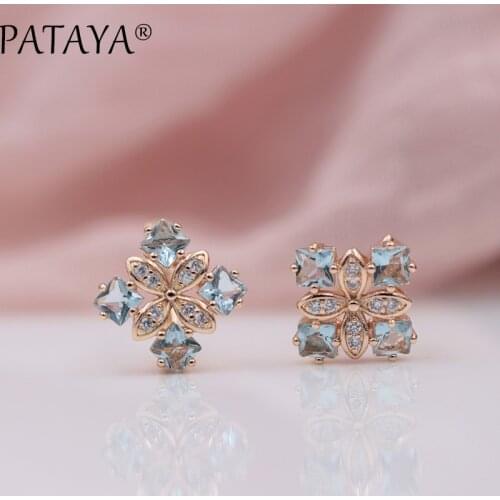 PATAYA New Arrivals Women Square Luxury 585 Rose Gold Blue Natural Zircon Earrings Wedding Jewelry Bridal Party AAA Earrings