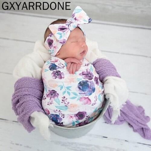 2019 Sleeping Newborn Infant Headband Wrap Bowknot Comfortable Receiving Blanket Set Cute Baby Bedding Soft Swaddle Floral Warm