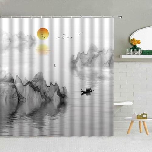 Chinese Flowers And Birds Landscape Painting Shower Curtain Lake Mountain Plant Bathroom Decor Waterproof Fabric Hooks Curtains