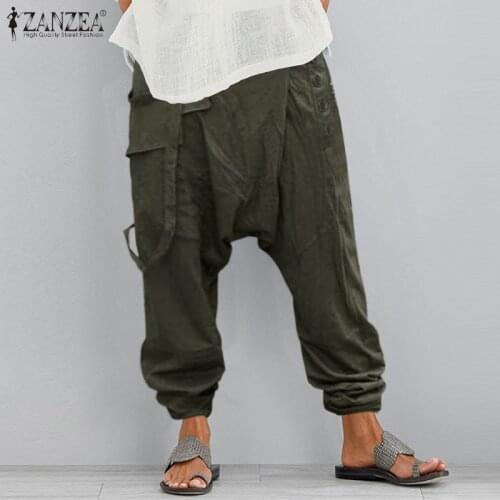 Womens Drop Crotch Pants 2021 ZANZEA Causal Trousers Overalls Button Elastic Waist Pantalon Female Palazzo Turnip Oversized 5XL