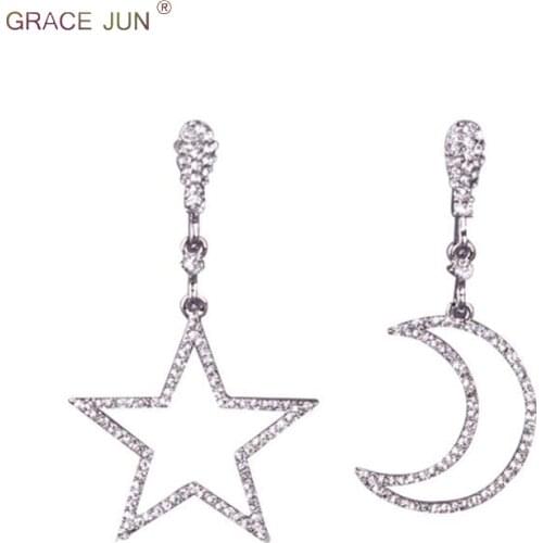 GRACE JUN Large Star Moon Clip on Earrings for Women Rhinestone Fashion Luxury Hollow-out Bridal Wedding Without Pierced Earring