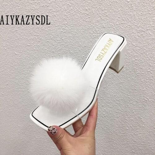 AIYKAZYSDL Women Thick Block High Heels Genuine Real Natural Rabbit Fur Mule Slides Slipper Open Toe Clear Transparent Sandals