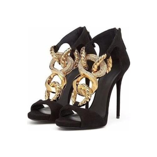New Hot Woman Black Suede Back Zipper Gold Metal Chains Peep Toe Party Sandals Thin Heels Cover Heel 12 cm High Heel Sandals