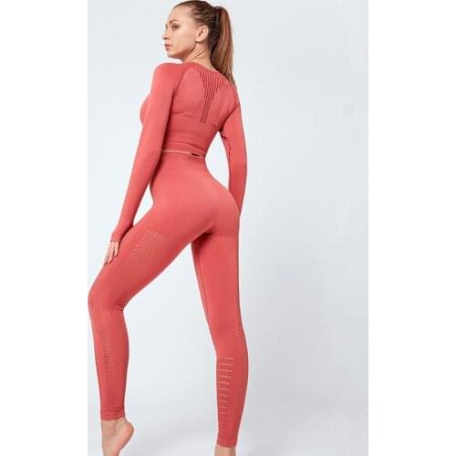Women Slim Yoga Sets Hollow Out Running Sportwear Long Sleeve Sport Shirt Crop Top High Waist Semaless Gym Leggings Tights Suit