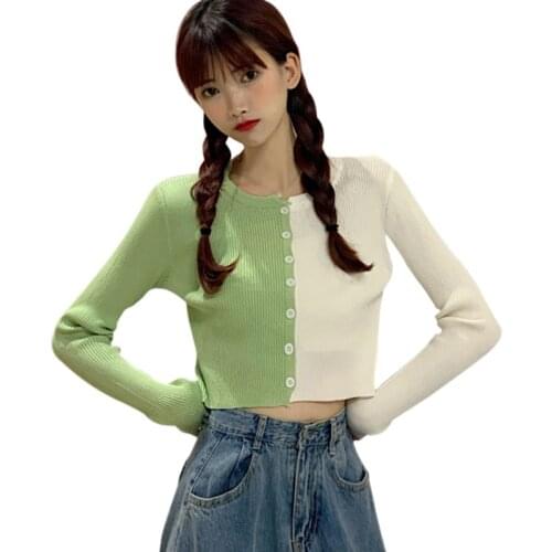 Spring Women O-Neck Color Contrast Slim Casual Navel Exposed Long Sleeve Knitted Cardigan Tops