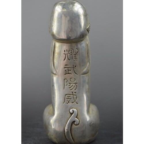 FREE SHIPPING CHINESE TIBET SILVER CARVED GUARD FOO DOGS LION STATUES ORGANS GENITALS BEAST HEAD STATUE