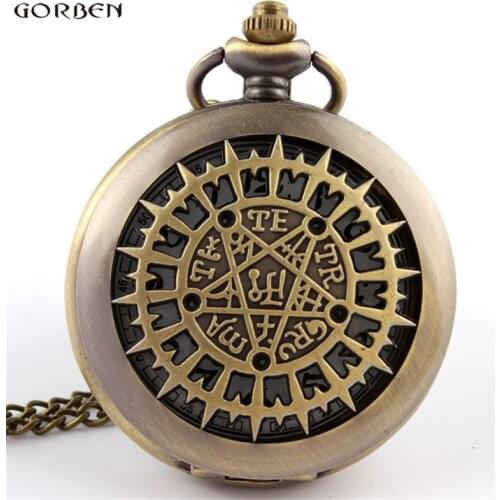 Retro Bronze Pocket Watch Number Charm Vintage Hollow Pentagram Quartz Pocket Watch Necklace FOB Chain Pendant Men Women Gifts