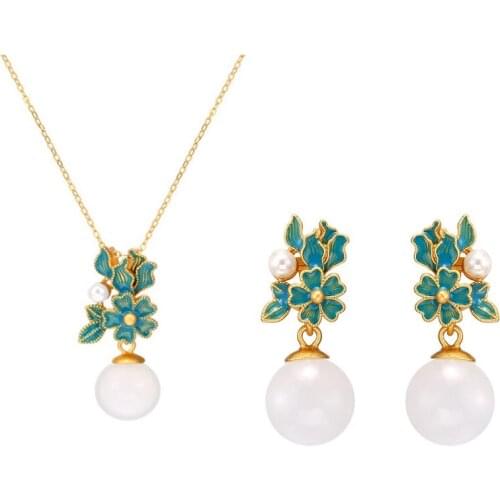 BLACK ANGEL Vintage Palace Handmade Painting Enamel Flowers China Wind Jewelry Set Khotan Jade Earrings Necklace Ring for Women