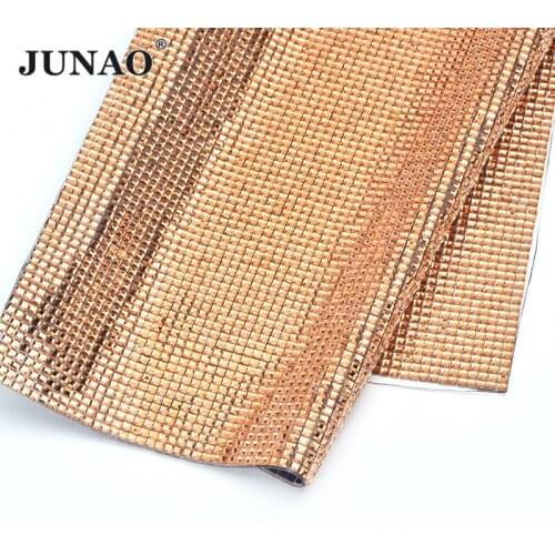 JUNAO 24x40cm Brown Square Glass Decoration Rhinestone Mesh Trim Crystal Fabric Sheet Hot Fix Ribbon Iron On Appliques for Dress