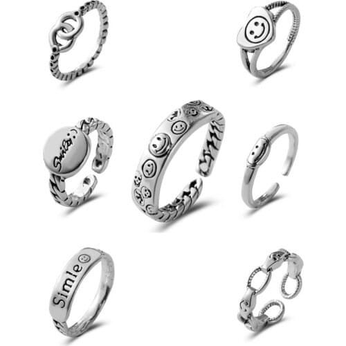 Vintage Smiling Face Finger Rings for Women Girl Punk Hip Hop Opening Adjustable Ring Weaving Rings Statement Jewelry Gifts