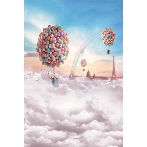 Laeacco Dreamy Sky Hot Air Balloons Rainbow Paris Tower Newborn Baby Shoot Birthday Party Photography Background Photo Backdrop