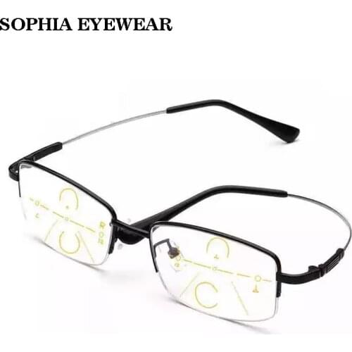 Sophia Titanium Alloy Multifocal Reading Glasses Progressive Half Frame Prescription Eyeglasses Anti-Blue Glass Frame Men +2+3+4