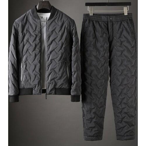 Classic Mens Sets (Jacket+Pants) Luxury Stand Collar Zipper Man Parka Fashion Fit Elastic Waist Male Pants Size 4xl