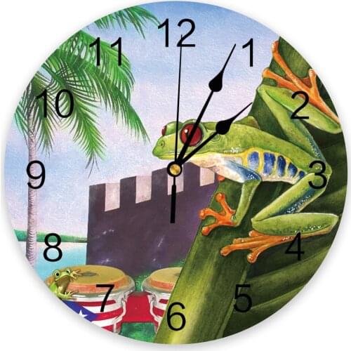 Watercolor Tropical Plant Puerto Rico Flag Frog Wall Clock Modern Design Hanging Watch for Home Decoration Living Room Wall Art