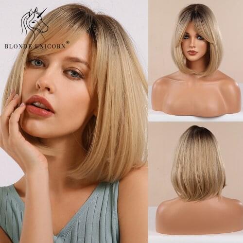 BLONDE UNICORN Synthetic Dark Root Ombre Brown 14 Inch Straight Hair Cosplay Wig With Bangs Lolita Wigs for Women Heat Resistant