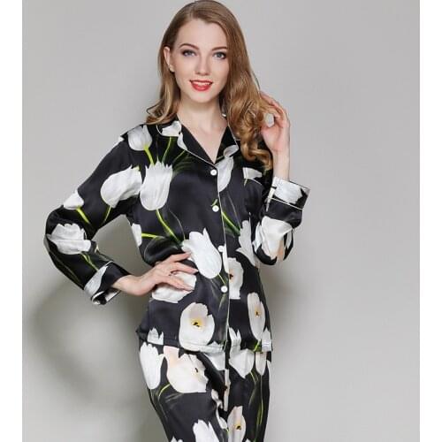 Greenish lily flower fashion 100% silk pajama sets womens sleepwear long sleeve noble flowers sexy women pyjamas silk skimpy