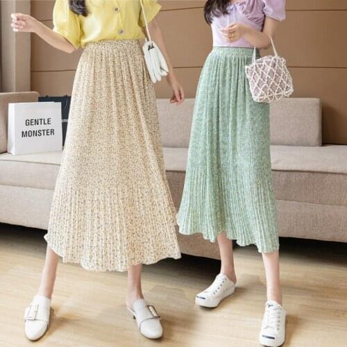 Female Chiffon Maxi Faldas Mujer High Waist Vintage Pleated Floral Print Ruffled A Line Midi Skirts Women Streetwear Clothes