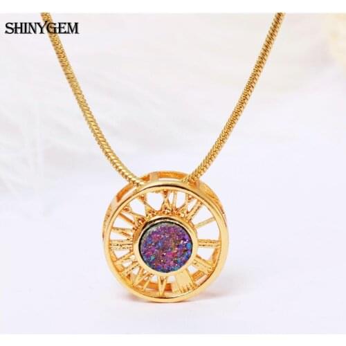 ShinyGem fashion Gold Wheel Pendant Necklaces Hollow Big Wheel Natural Druzy Crystal Stone Luxury Gold Chain Necklace For Women
