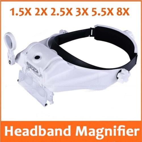 1.5X 2X 2.5X 3X 5.5X 8X LED Illumination Headband Magnifying Glass Helmet Magnifier Head Visor Dental Surgical Phone Repair Tool