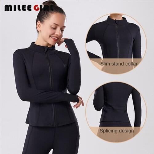 Women Running Jacket,Stand Collar Quick Dry Yoga Shirt Breathable Jogging Top, Solid Color Zipper Slim Gym Fitness Sportswear