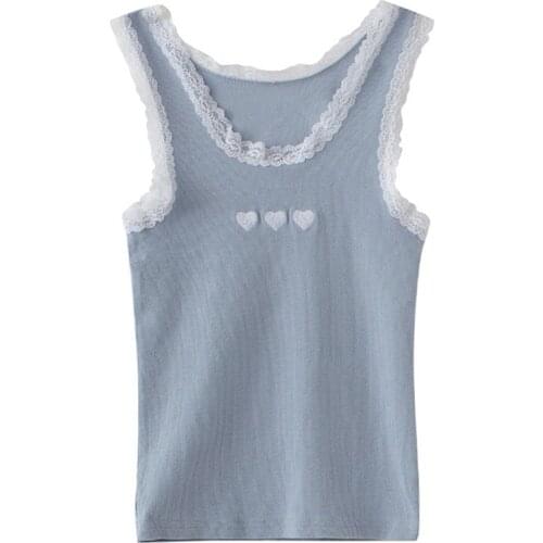 PUWD Sweet Girls Heart Embroidery Slim Tank 2021 Summer Fashion Ladies Lace Splicing Short Tops Women Streetwear Chic Tees