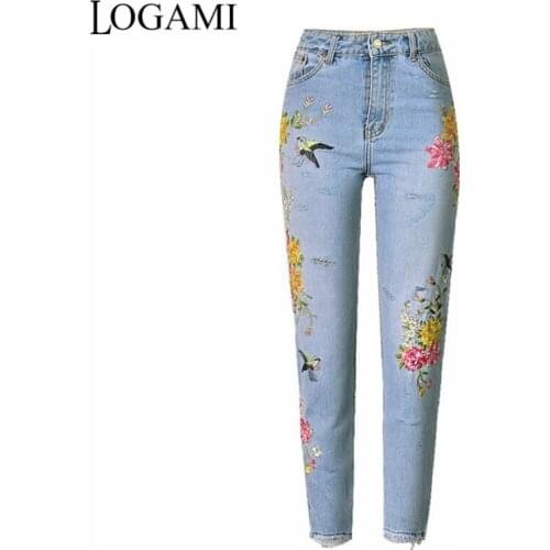 LOGAMI Embroidered Jeans Woman Flower Straight High Waist Women Jeans New