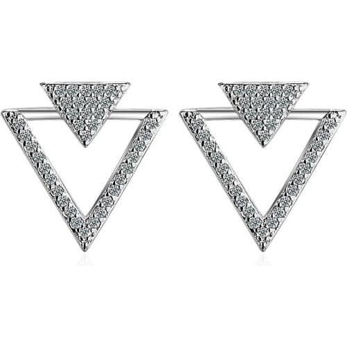 Trendy Double Triangle CZ Zircon Office 925 Sterling Silver Ladies`stud Earrings Original Jewelry For Women Anti Allergy Cheap