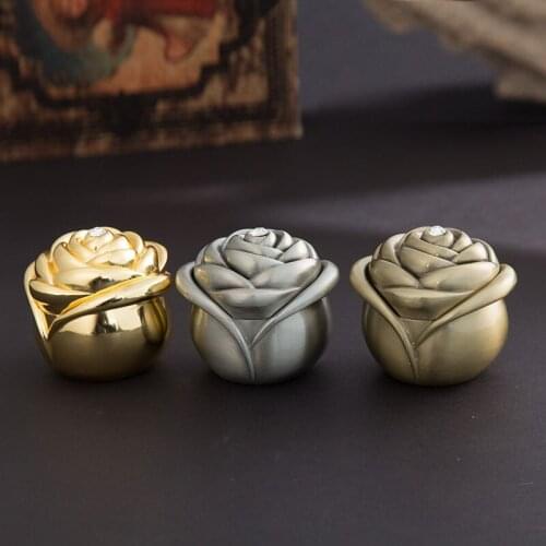 Gold Pewter Brass Rose Flower Metal Jewelry Box With Crystal Inlaid and Black Velvet Inlay Ring Earrings Storage Trinket Box